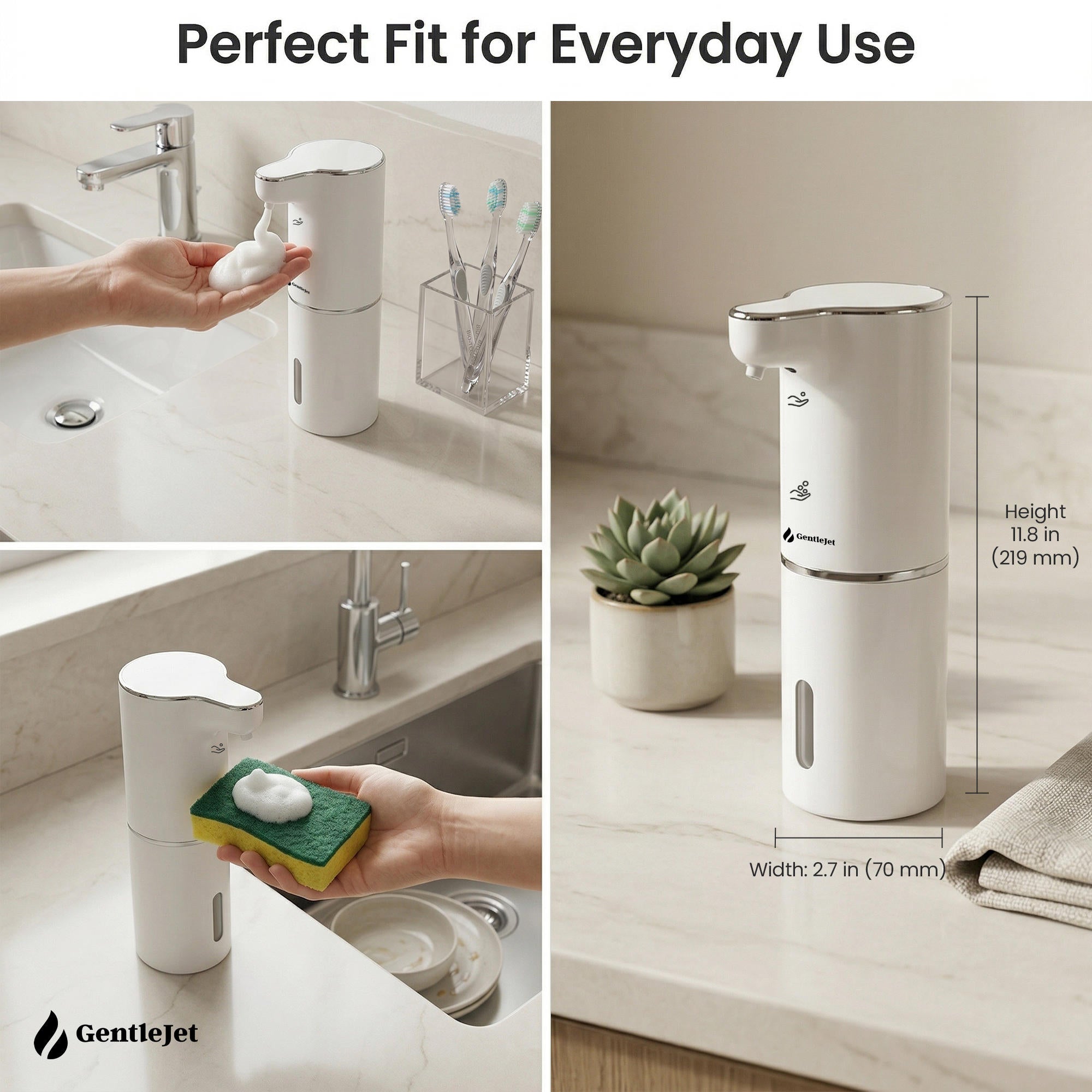GentleJet JetFoam Automatic Foaming Soap Dispenser – Touchless Sensor, USB-C Rechargeable, Adjustable Output, IPX5 Waterproof for Bathroom Kitchen Sink, 10 oz / 300 ml