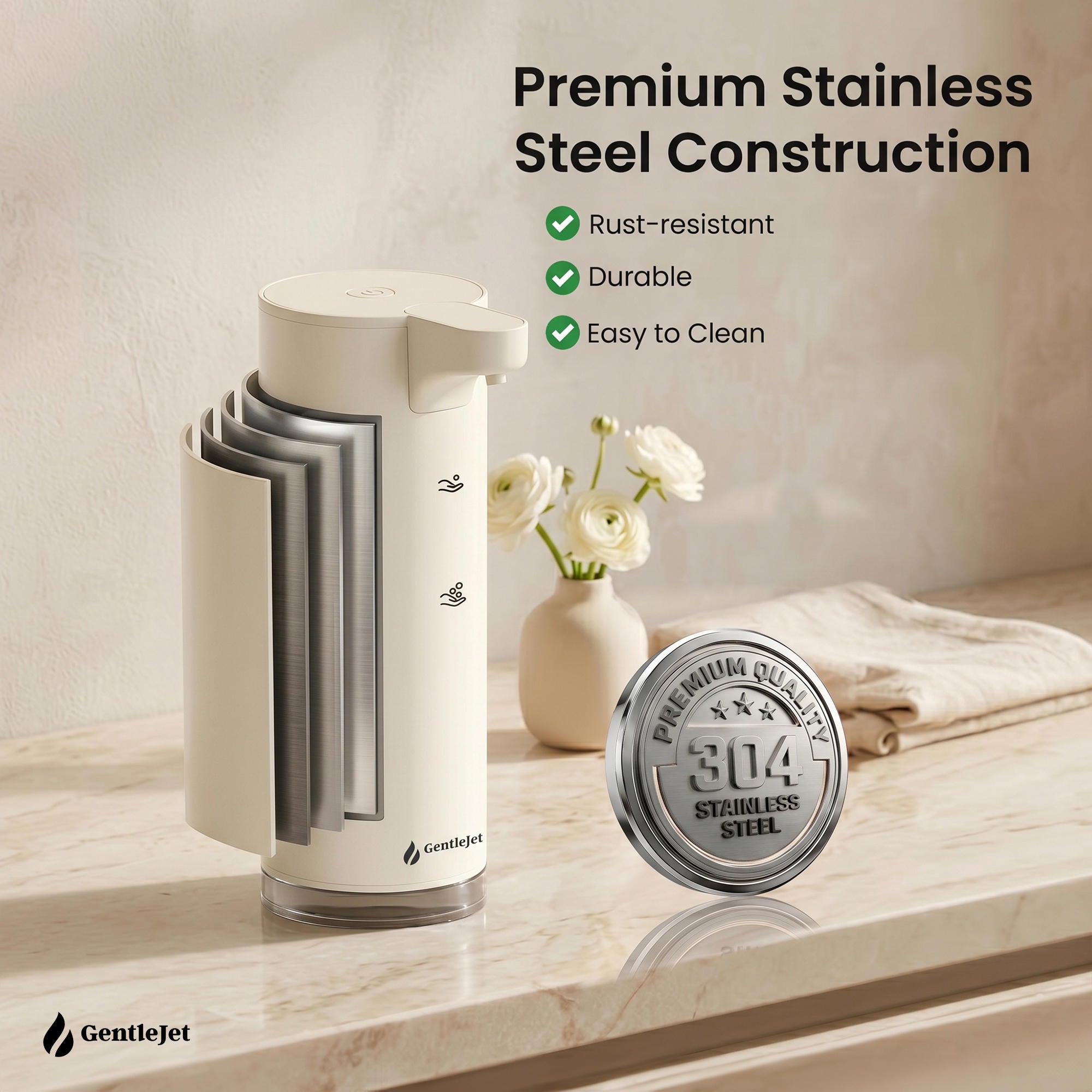 GentleJet EasyFoam Automatic Foaming Soap Dispenser – Touchless Sensor, USB-C Rechargeable, 304 Stainless Steel, IPX5 Waterproof for Bathroom Kitchen Sink, 9.5 oz / 280 ml