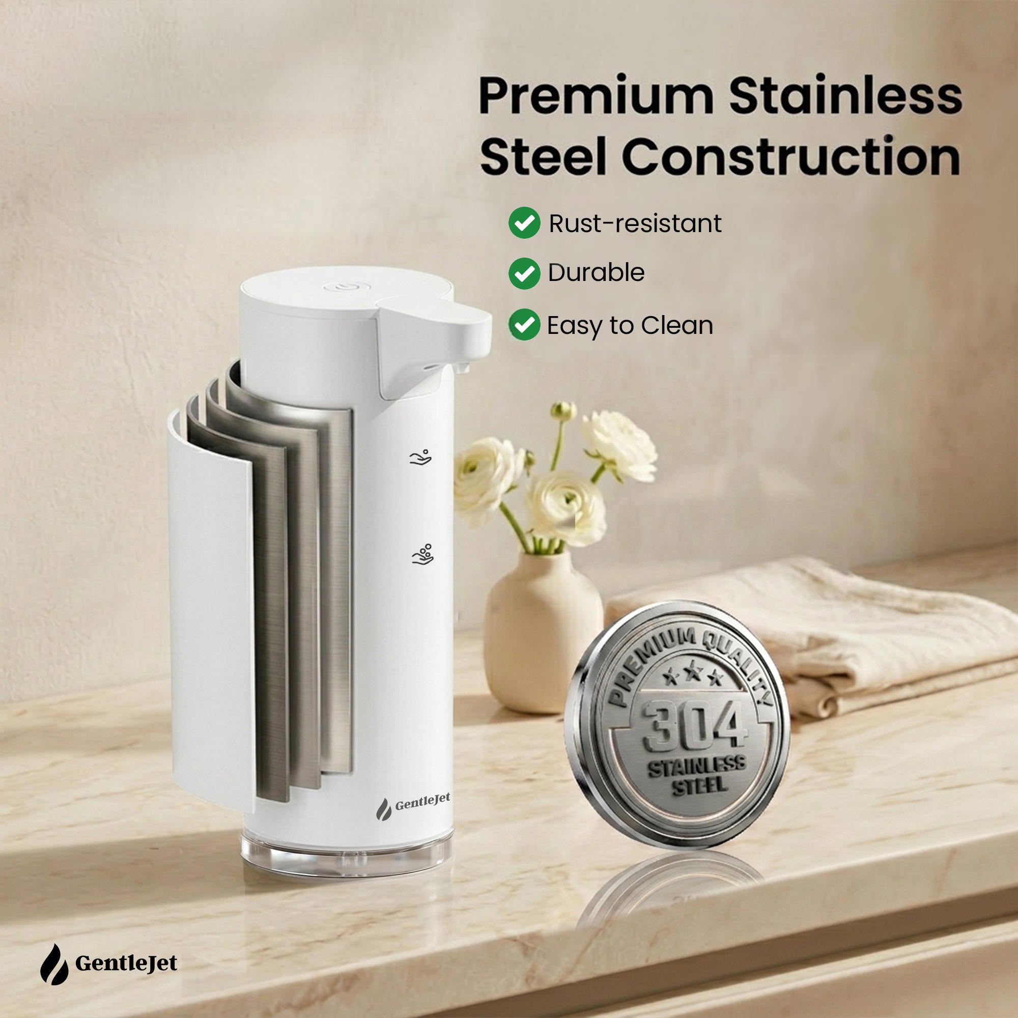 GentleJet EasyFoam Automatic Foaming Soap Dispenser – Touchless Sensor, USB-C Rechargeable, 304 Stainless Steel, IPX5 Waterproof for Bathroom Kitchen Sink, 9.5 oz / 280 ml