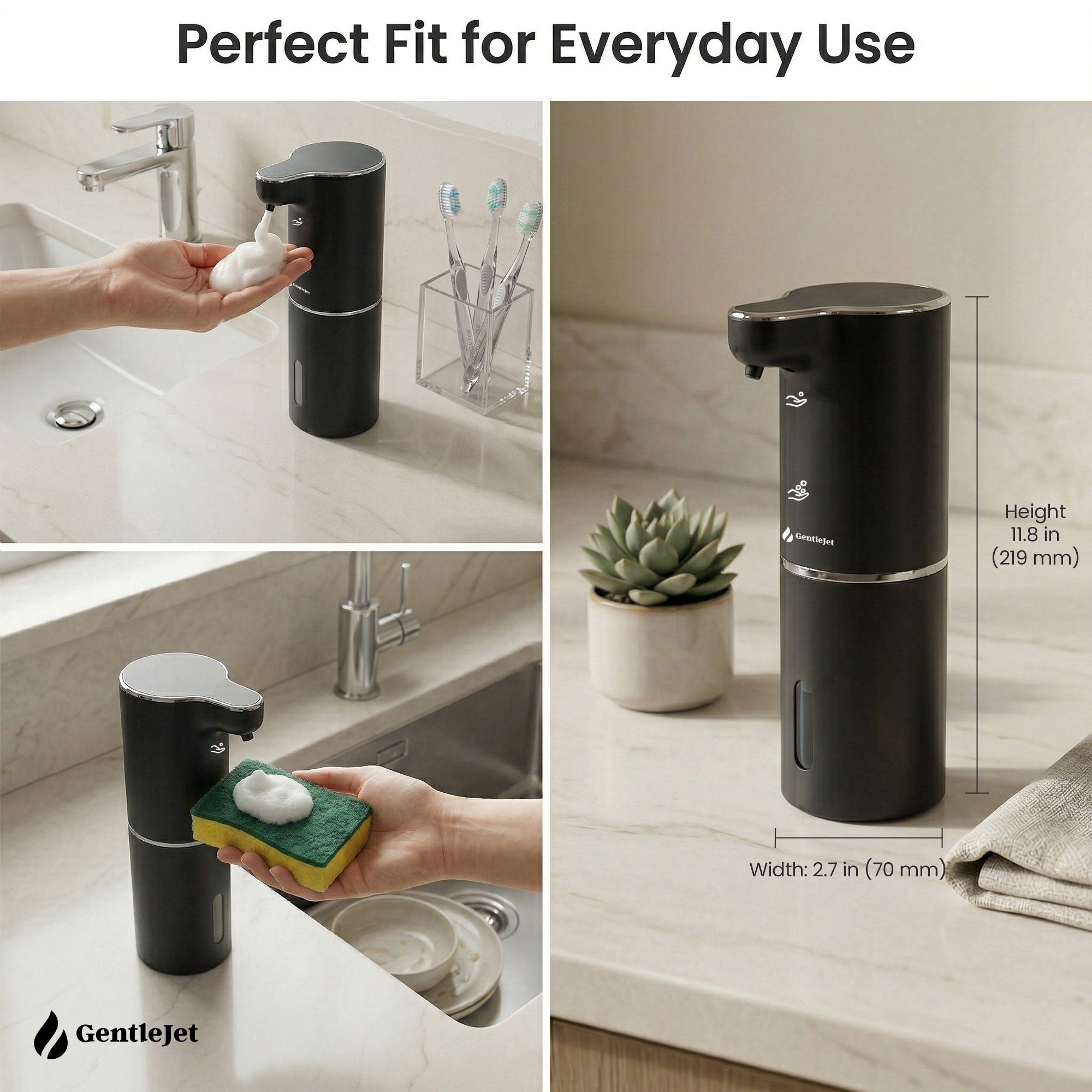 GentleJet JetFoam Automatic Foam Soap Dispenser Touchless Sensor, USB-C Rechargeable, Adjustable Output, IPX5 Waterproof, 300 ml, Bathroom & Kitchen Countertop