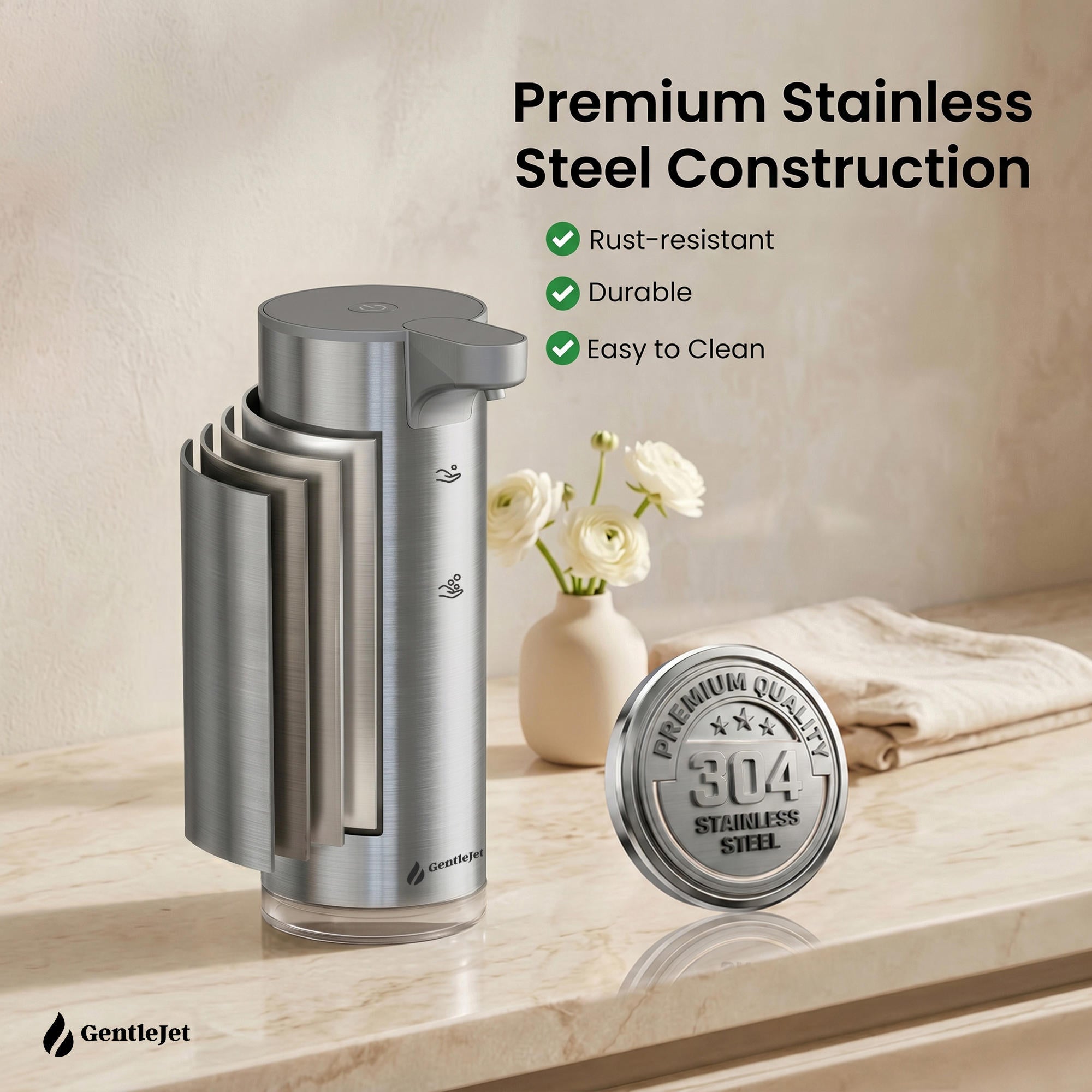 GentleJet EasyFoam Automatic Foaming Soap Dispenser – Touchless Sensor, USB-C Rechargeable, 304 Stainless Steel, IPX5 Waterproof for Bathroom Kitchen Sink, 9.5 oz / 280 ml
