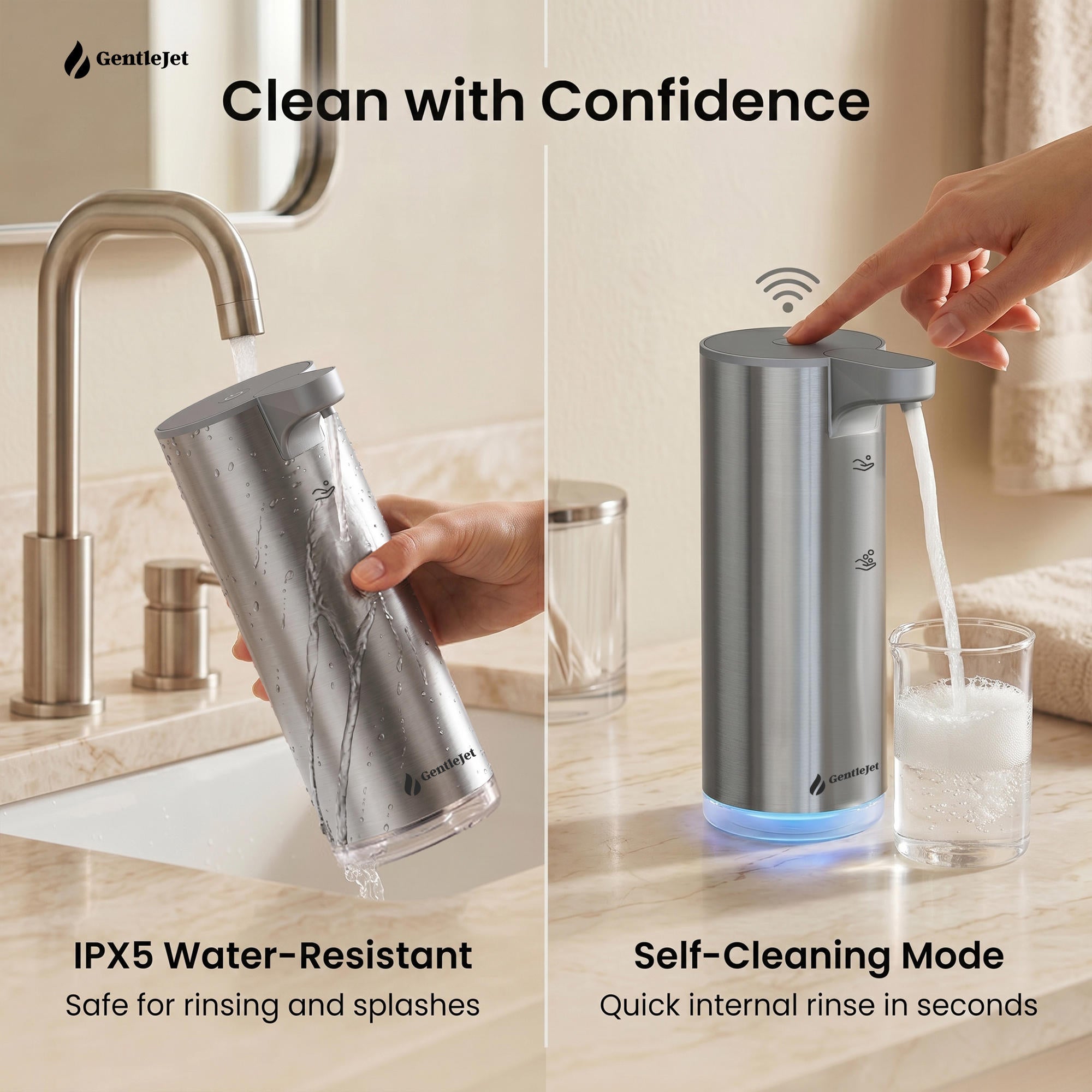 GentleJet EasyFoam Automatic Foaming Soap Dispenser – Touchless Sensor, USB-C Rechargeable, 304 Stainless Steel, IPX5 Waterproof for Bathroom Kitchen Sink, 9.5 oz / 280 ml