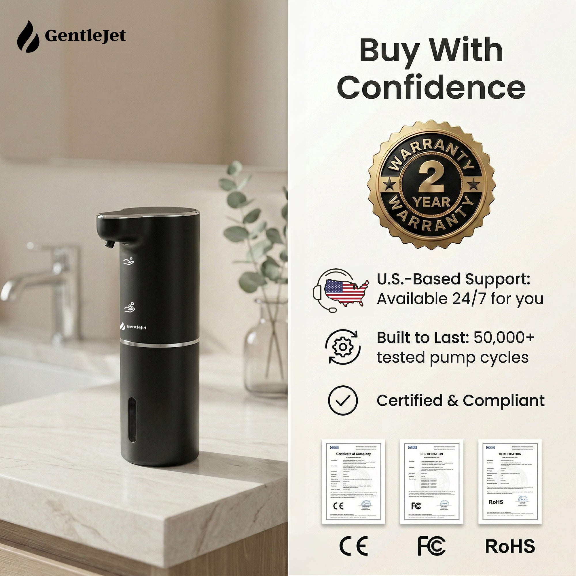 GentleJet JetFoam Automatic Foam Soap Dispenser Touchless Sensor, USB-C Rechargeable, Adjustable Output, IPX5 Waterproof, 300 ml, Bathroom & Kitchen Countertop