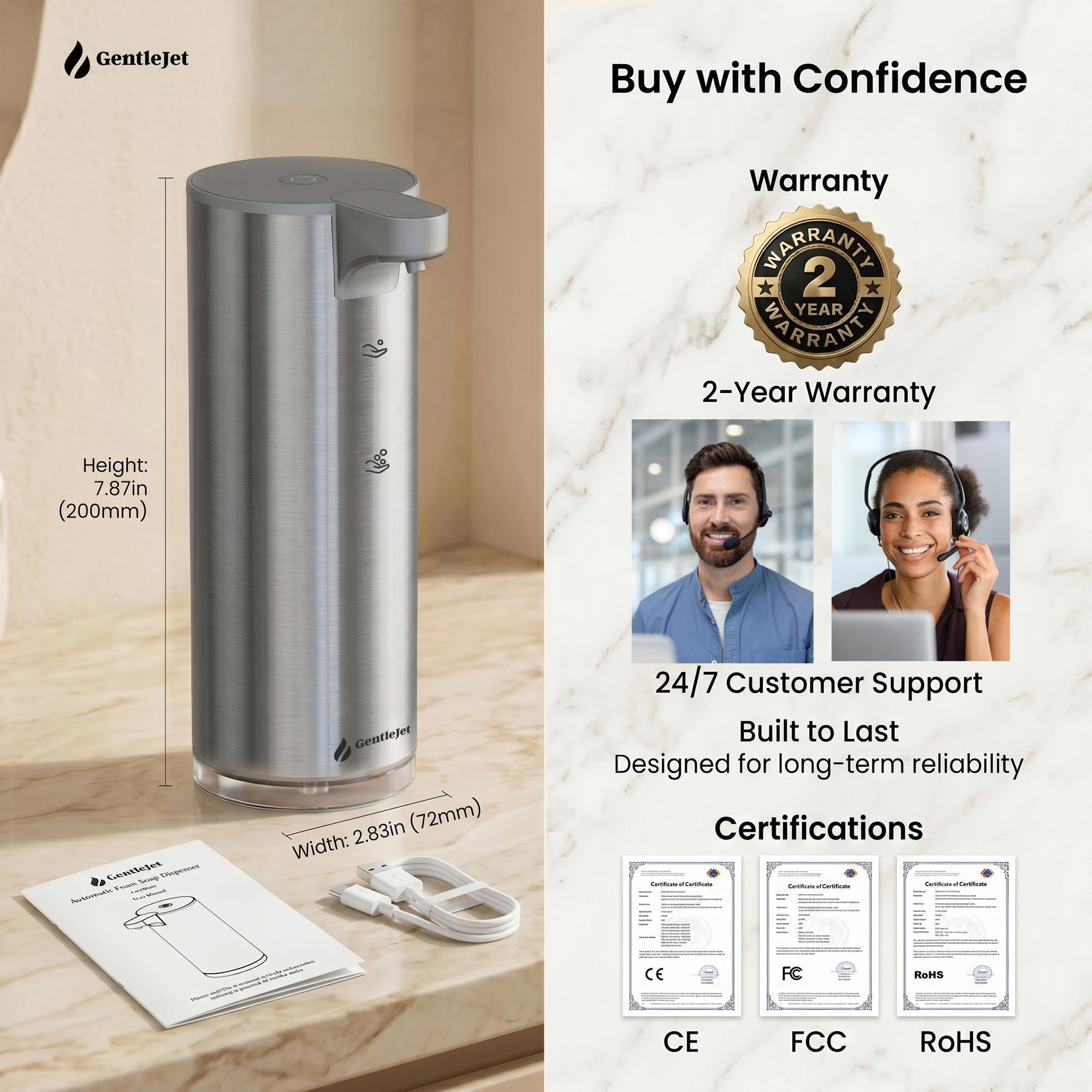 GentleJet EasyFoam Automatic Foaming Soap Dispenser – Touchless Sensor, USB-C Rechargeable, 304 Stainless Steel, IPX5 Waterproof for Bathroom Kitchen Sink, 9.5 oz / 280 ml