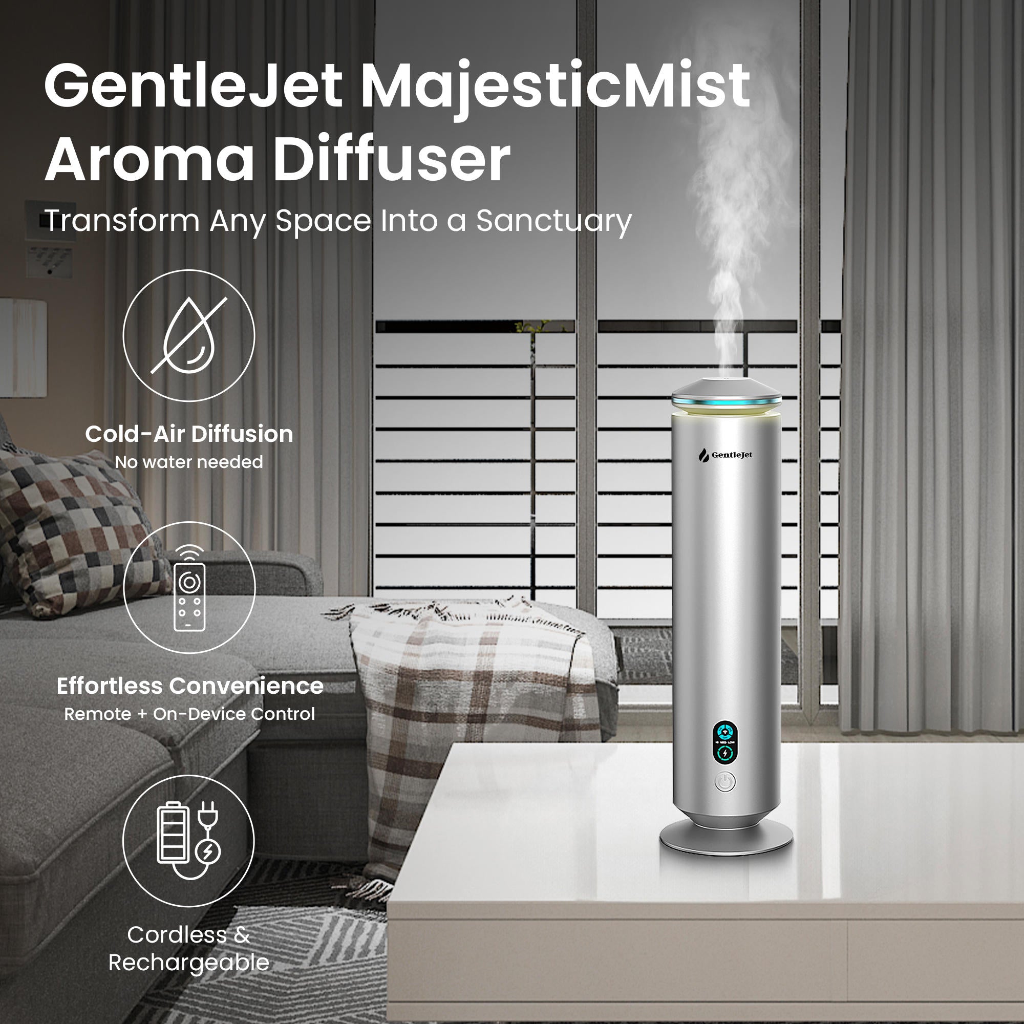 GentleJet MajesticMist Waterless Essential Oil Diffuser - Aluminum Aromatherapy Scent Diffusers for Home, Room & Hotel, Quiet Aroma Diffuser, Remote Control