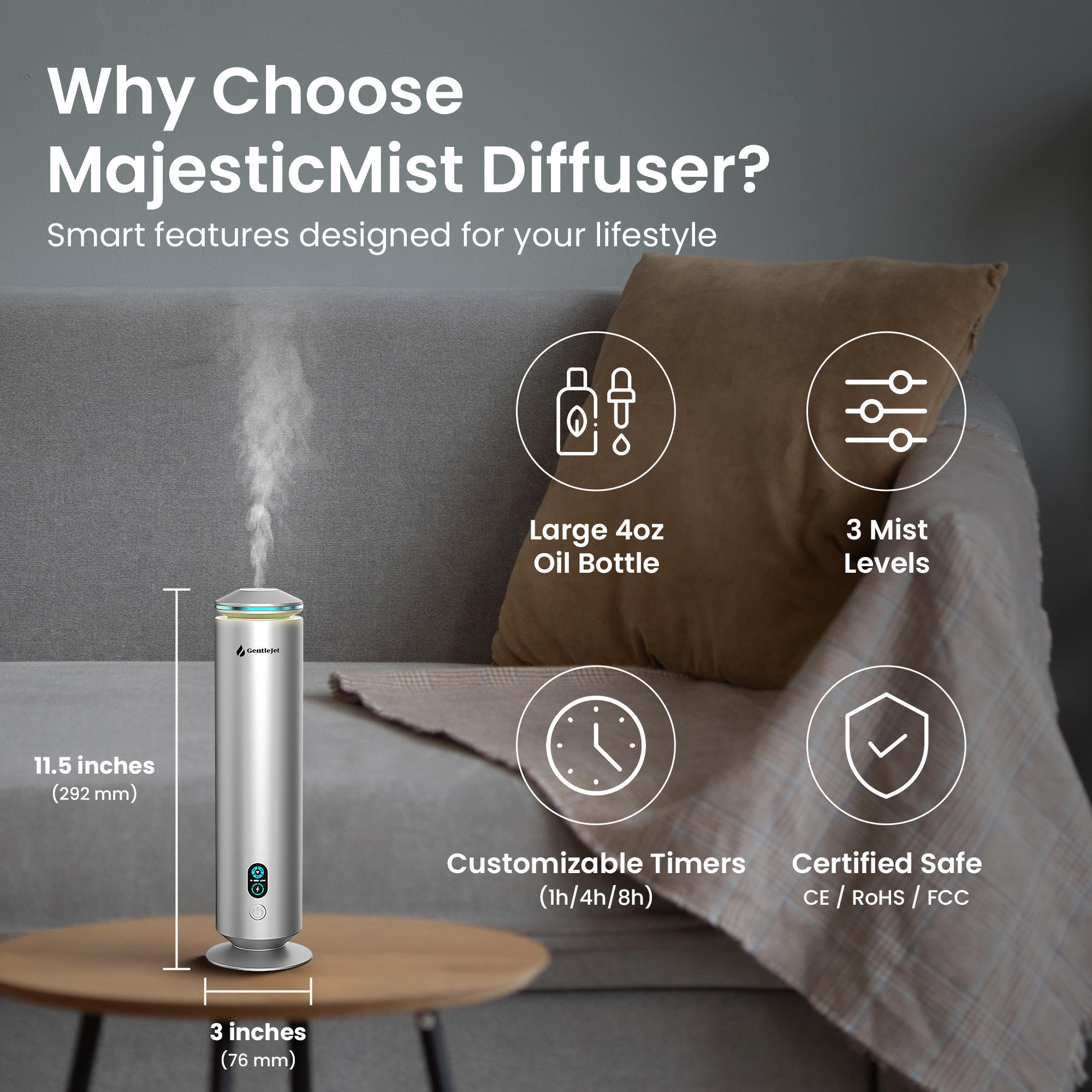 GentleJet MajesticMist Waterless Essential Oil Diffuser - Aluminum Aromatherapy Scent Diffusers for Home, Room & Hotel, Quiet Aroma Diffuser, Remote Control