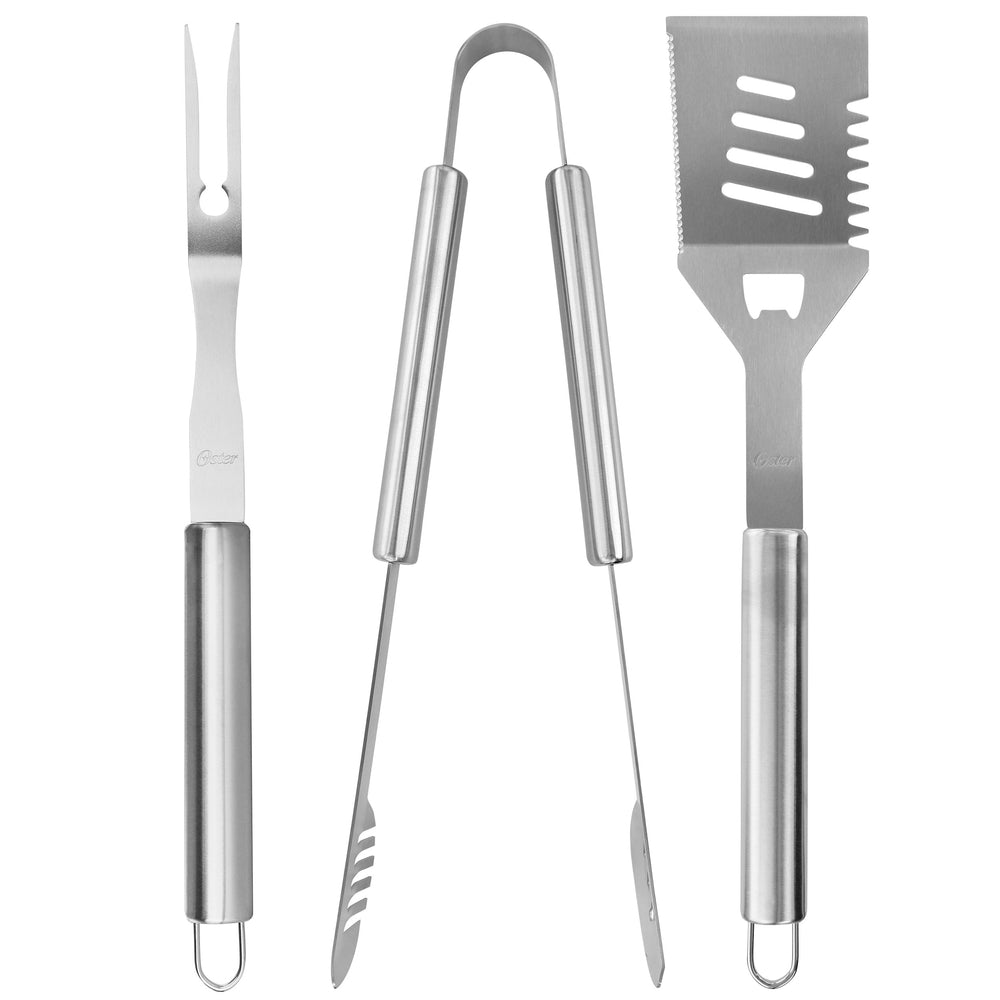 Oster 137555.03 Baldwin 3-Piece BBQ Tool Set with Stainless Steel Fork, Tongs, and Turner Image 1