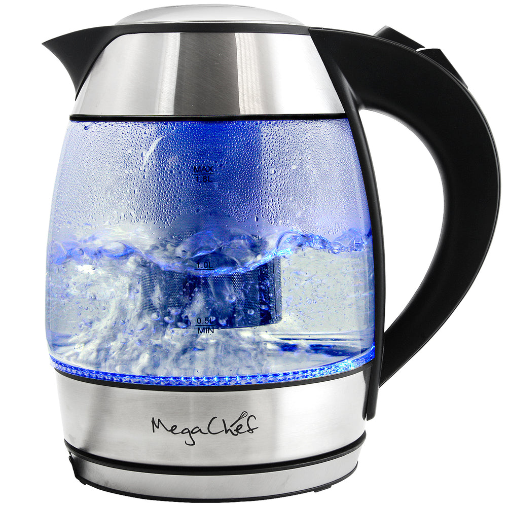 MegaChef MGKTL-1751 Electric Tea Kettle - 1.8Lt Glass Stainless Steel, Auto Shut Off, Infuser, Drip-Free Spout Image 1