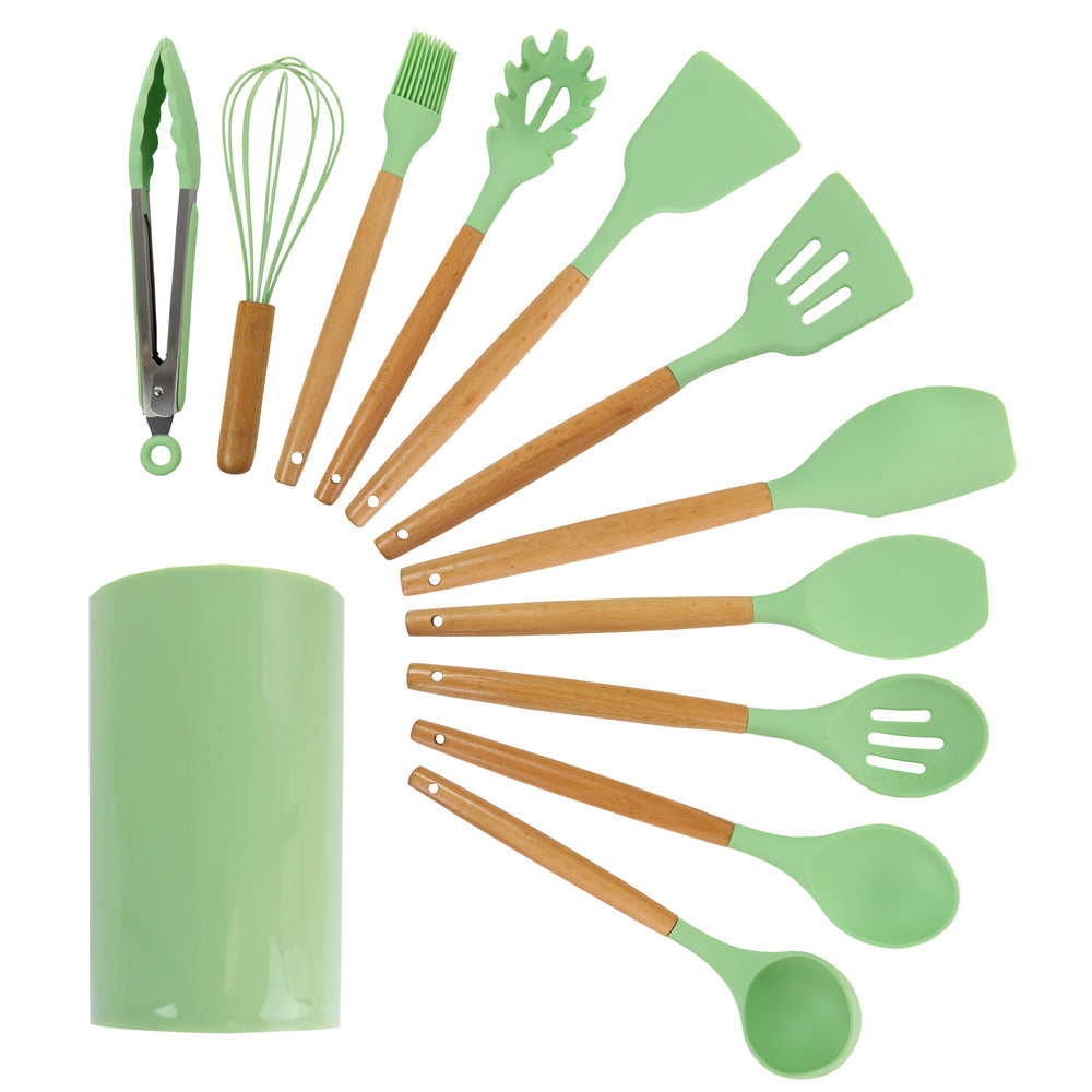 Megachef MGSP-540 Mint Green Silicone and Wood Cooking Utensils Set of 12 Image 1