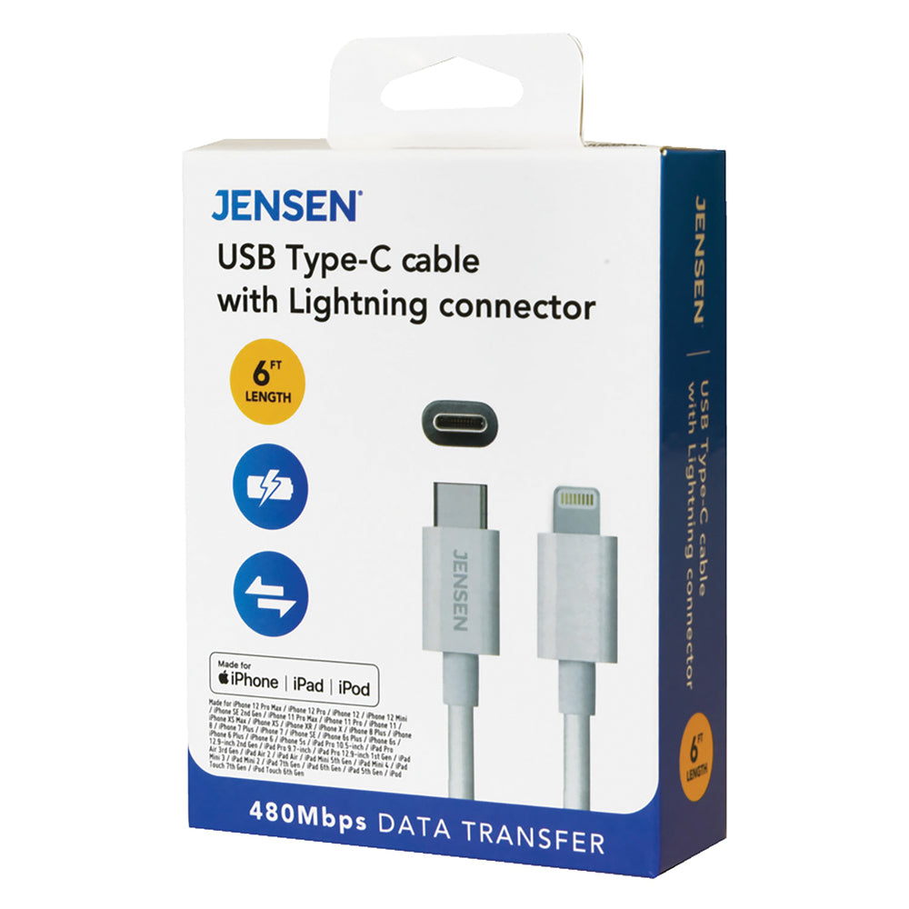 Jensen JU832CL6V USB-C to Lightning Cable, 6ft - White Image 1