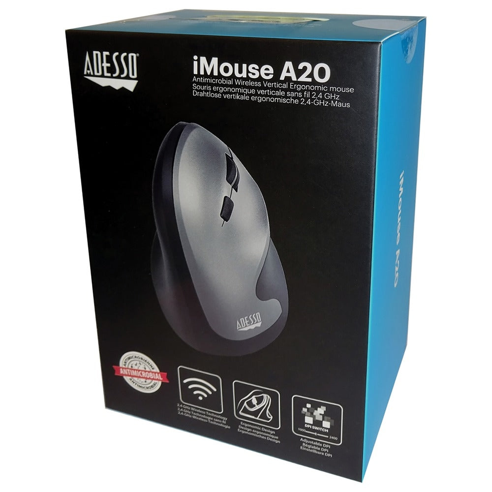 Adesso IMOUSE A20 Mouse Antimicrobial Wireless Vertical Ergonomic Retail