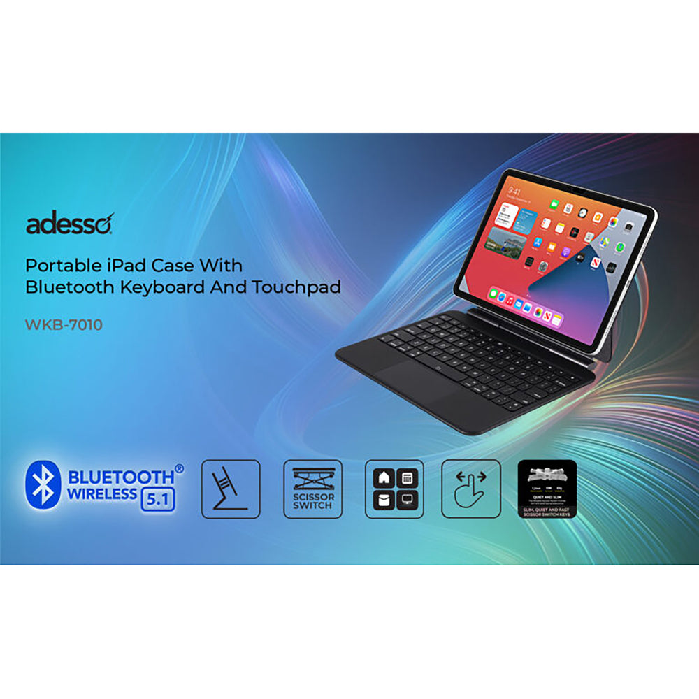 Adesso WKB-7010 Bluetooth Keyboard Case for iPad 11 - Slim Design, Aluminum Body, Scissor-switch Keys