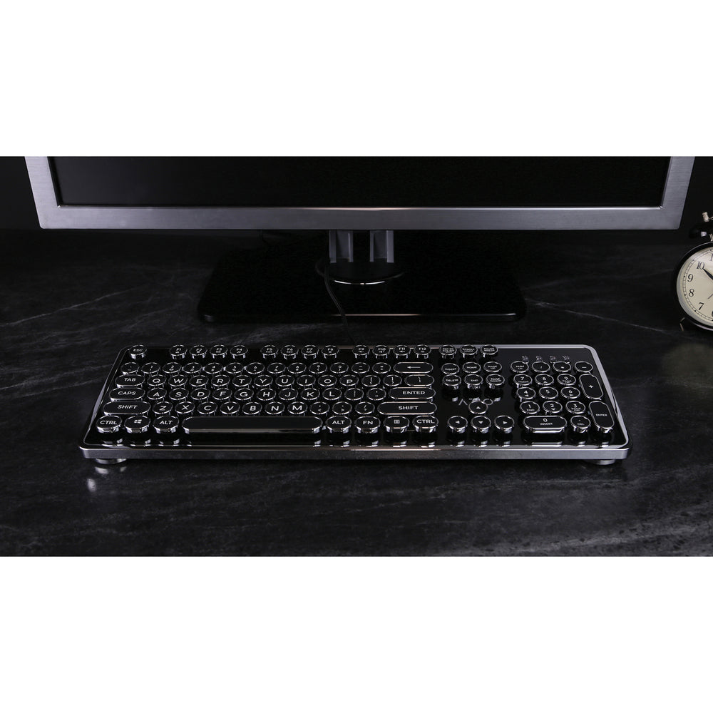 Azio Mk-Retro-01 Mechanical Typewriter Keyboard - USB Wired - PC Windows Compatible - Dust and Liquid Resistant - Chrome Trim Finish