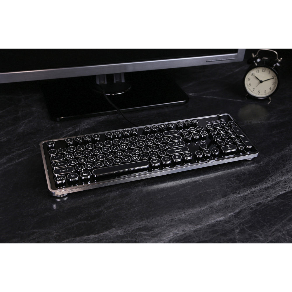 Azio Mk-Retro-01 Mechanical Typewriter Keyboard - USB Wired - PC Windows Compatible - Dust and Liquid Resistant - Chrome Trim Finish