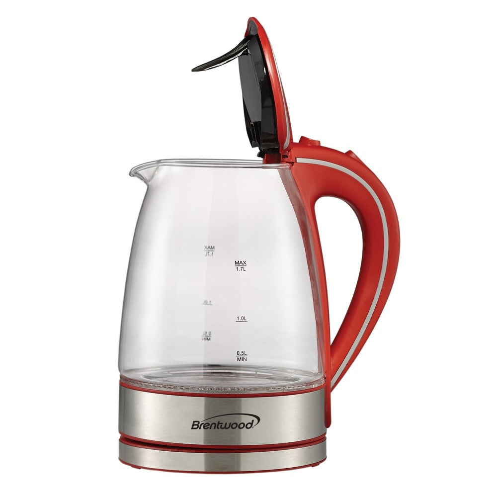 Brentwood KT-1900R Electric Tea Kettle 1.7L Red Glass LED Boil Dry Protection