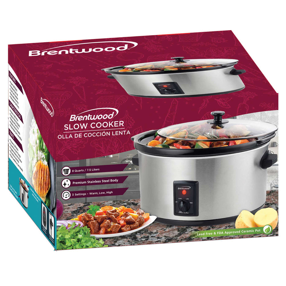 Brentwood SC-170S Slow Cooker 7.5L Stainless Steel Black LED Power Indicator