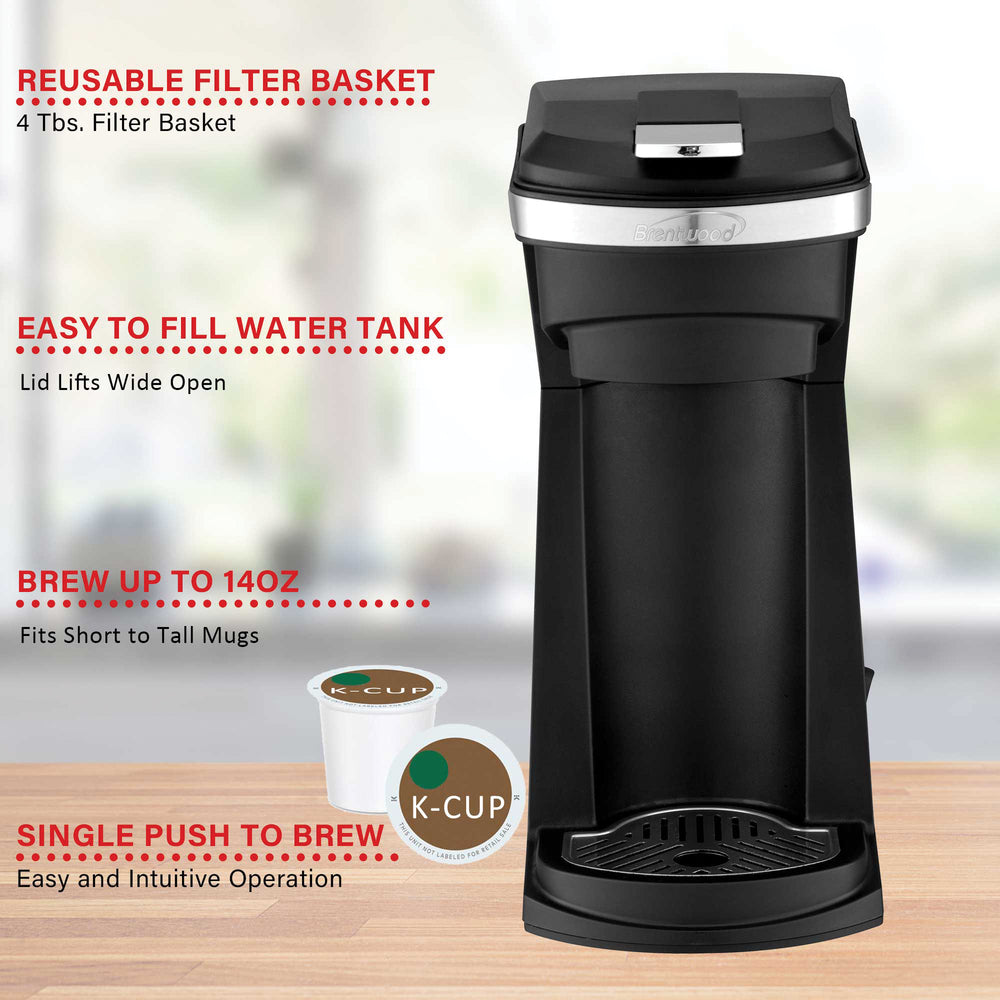 Brentwood TS-1101BK Single-Serve Coffee Maker with Reusable Filter for K-Cup Pods