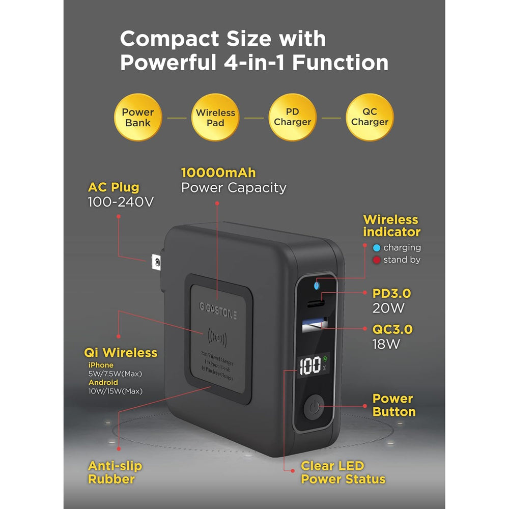 Gigastone GS-QP-10200B-R Wireless Travel Charger & Power Bank