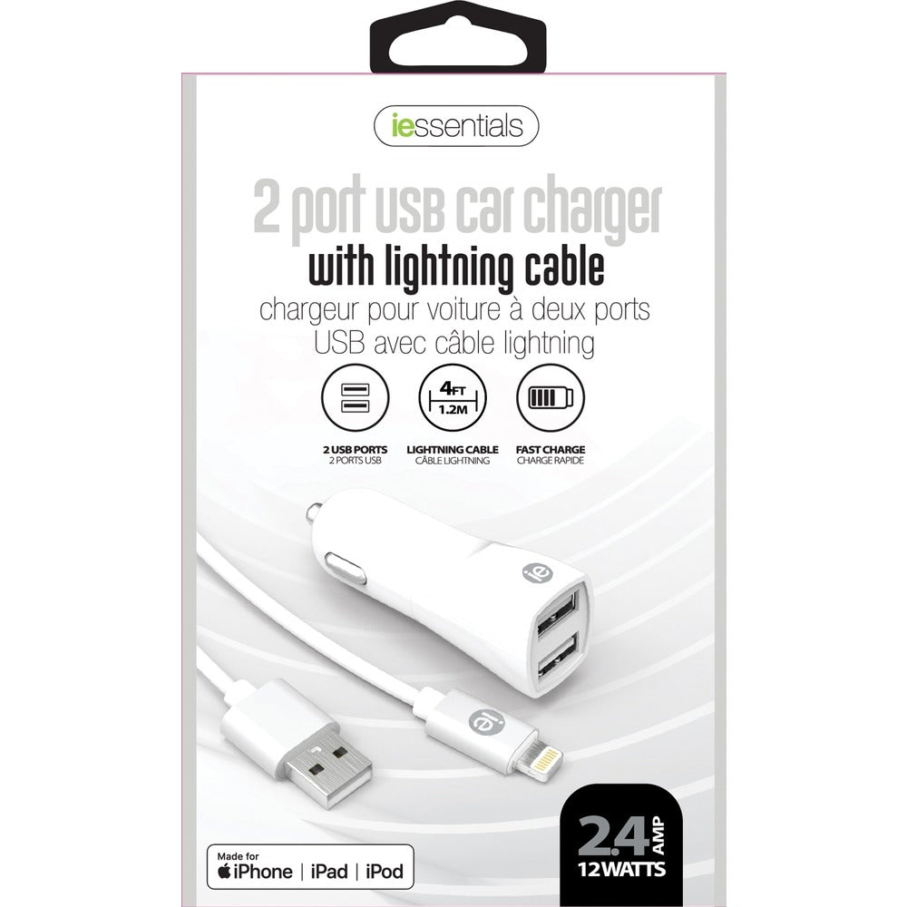 iEssentials Ien-Pcl-22A Dual-USB Car Charger with Lightning Cable Image 1