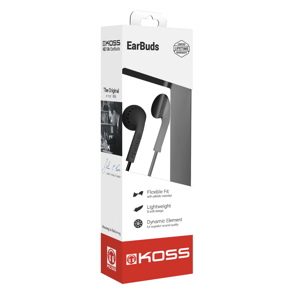 Koss KE10K On-Ear Earbuds - Lightweight, Black, Hi-Fi, Soft Rubber