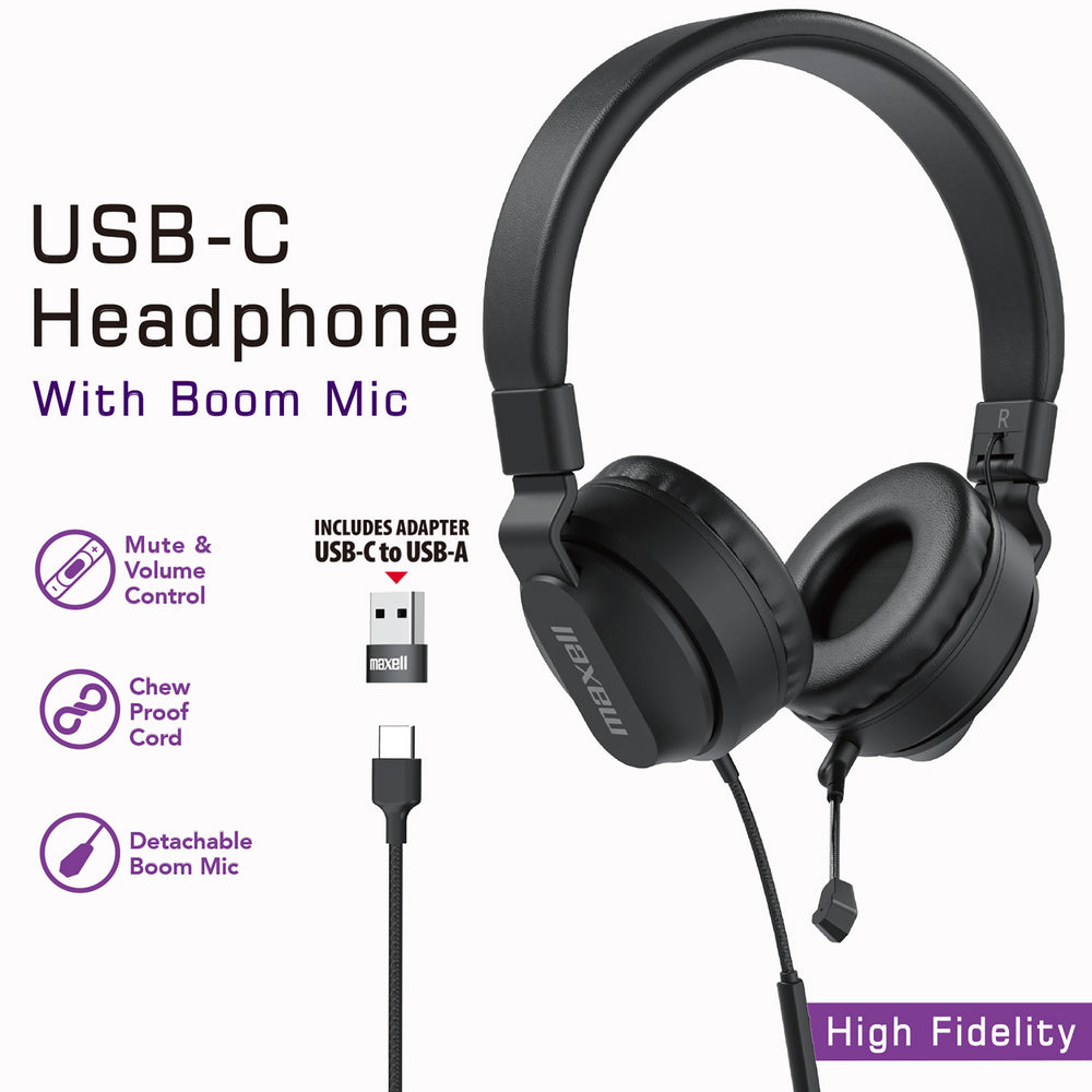 Maxell 197304 HPBMT1 Over-Ear USB-C Headphones with Detachable Boom Microphone