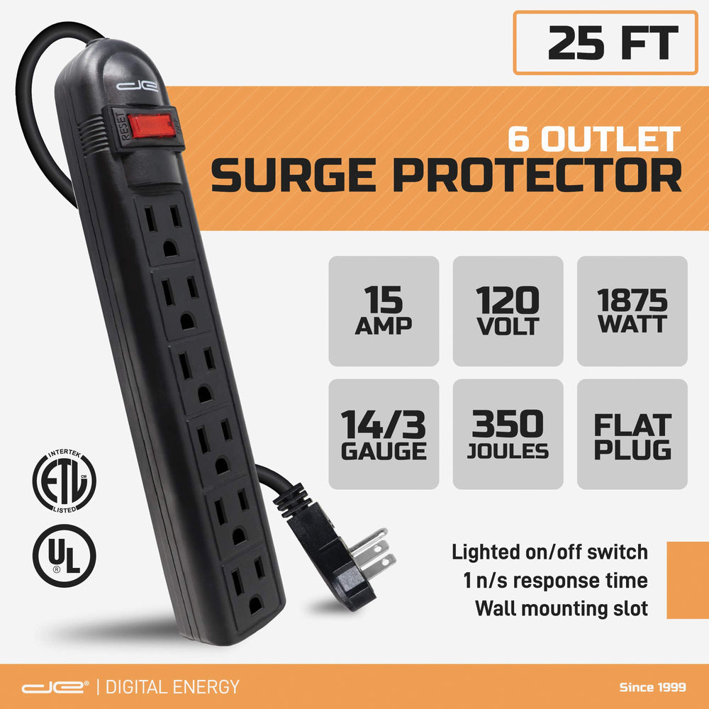 Digital Energy DSS5-1043 Surge Protector Power Strip, 6-Outlet, 25Ft, Black Image 1