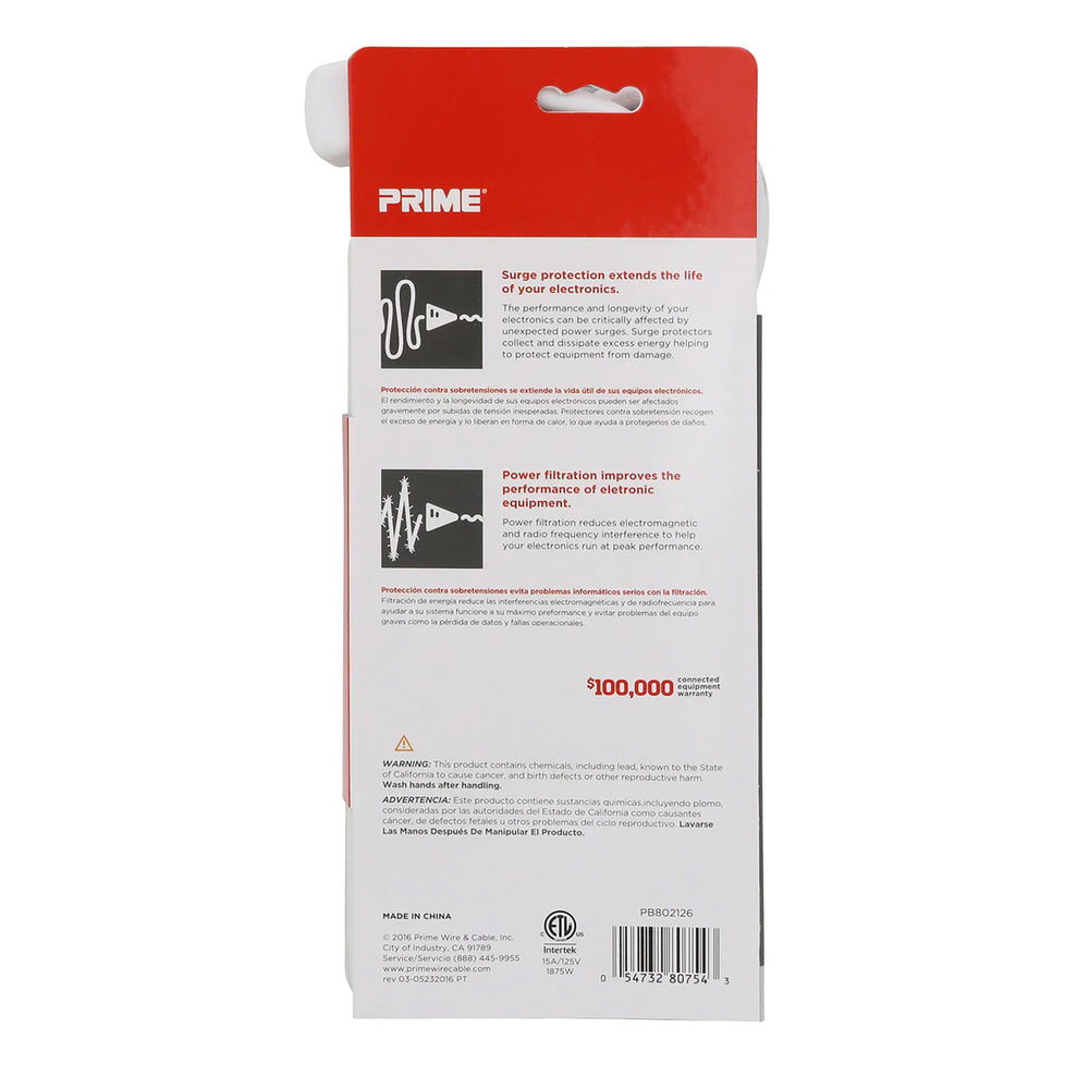 Prime PB802126 Surge Protector Power Strip 6 Outlets 1000J 8ft Cord