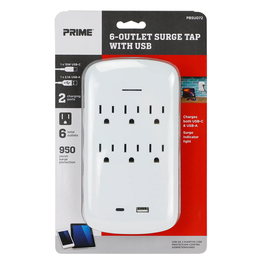 Prime PBSU072 Surge Protector Tap with USB-A&C Charging - 950J Protection
