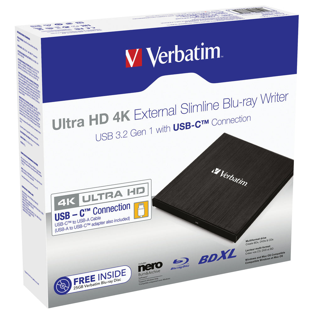 Verbatim 43888 UHD 4K Slimline Blu-Ray Writer External USB 3.1