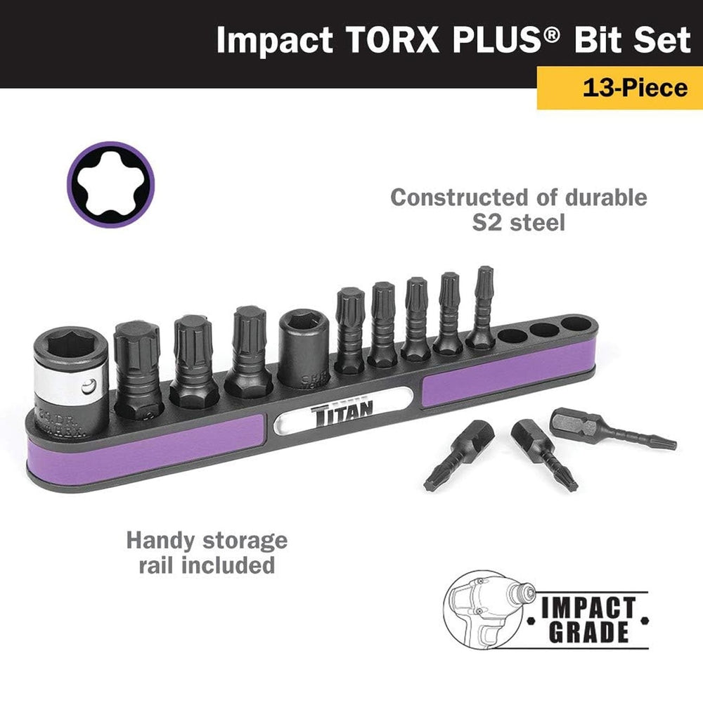 Titan 16036 Impact Torx Plus Bit Set 13-Piece - S2 Alloy Steel Bits, Magnetic Storage Rail