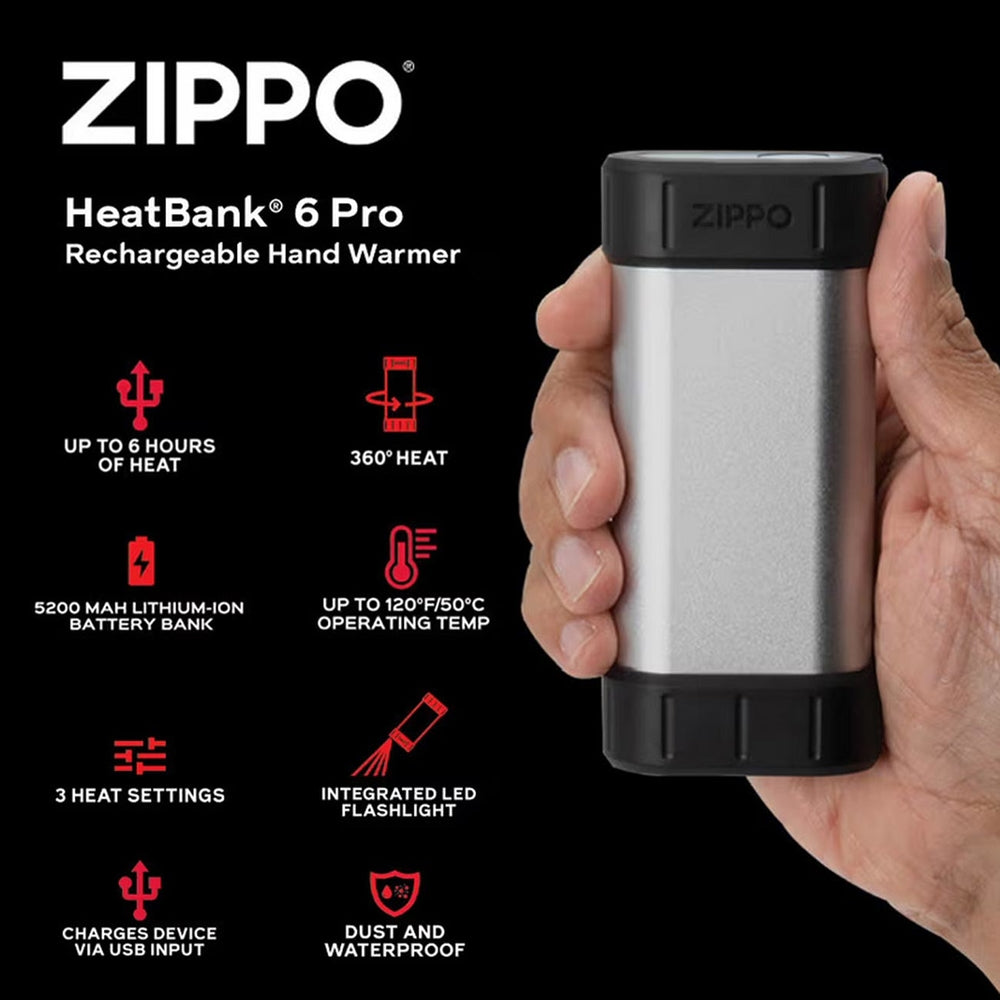 Zippo 40633 Heatbank 6 Pro Hand Warmer Black - USB Rechargeable, LED Flashlight
