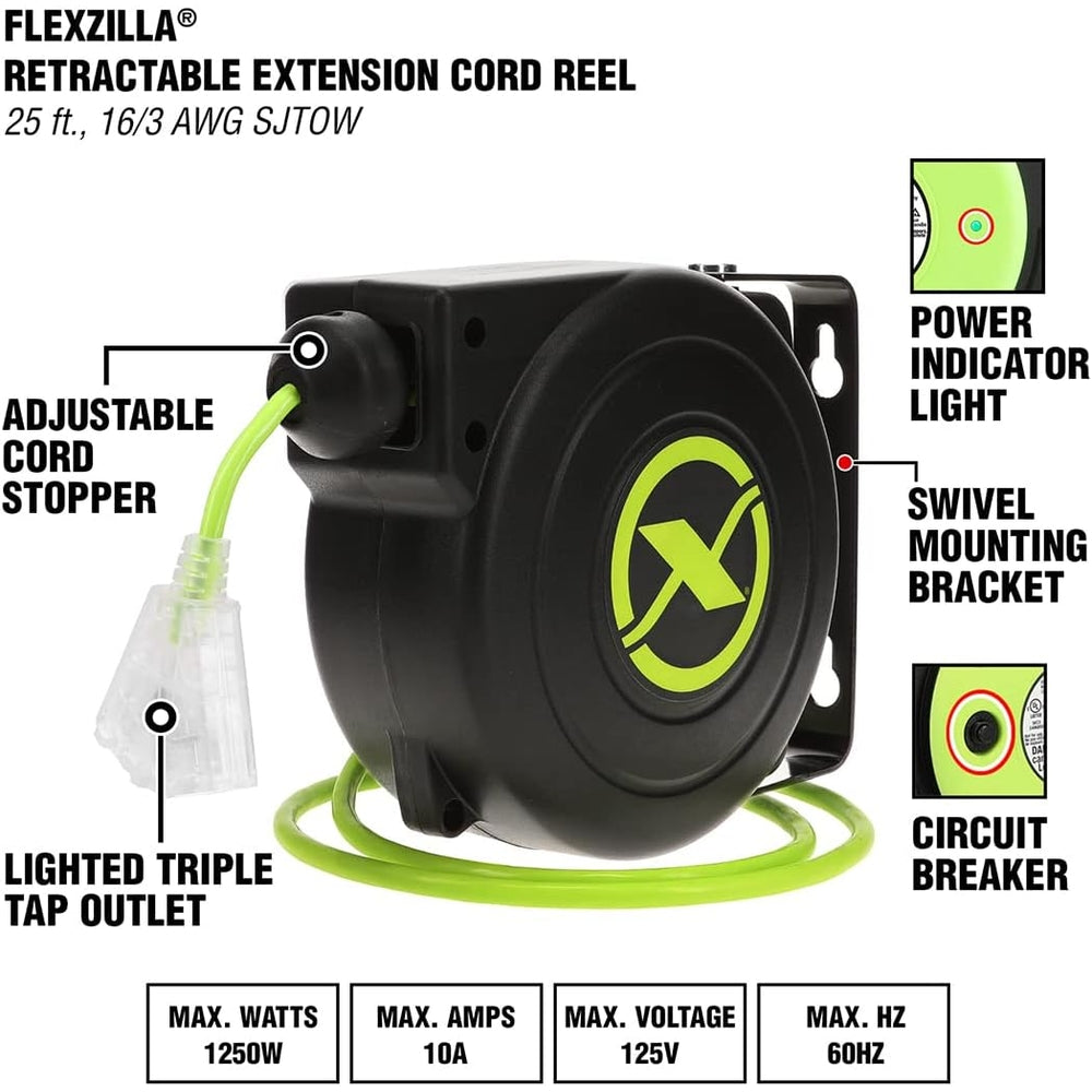 Flexzilla FZ8160253 Retractable Extension Cord Reel 25' Triple Tap Indoor Outlet