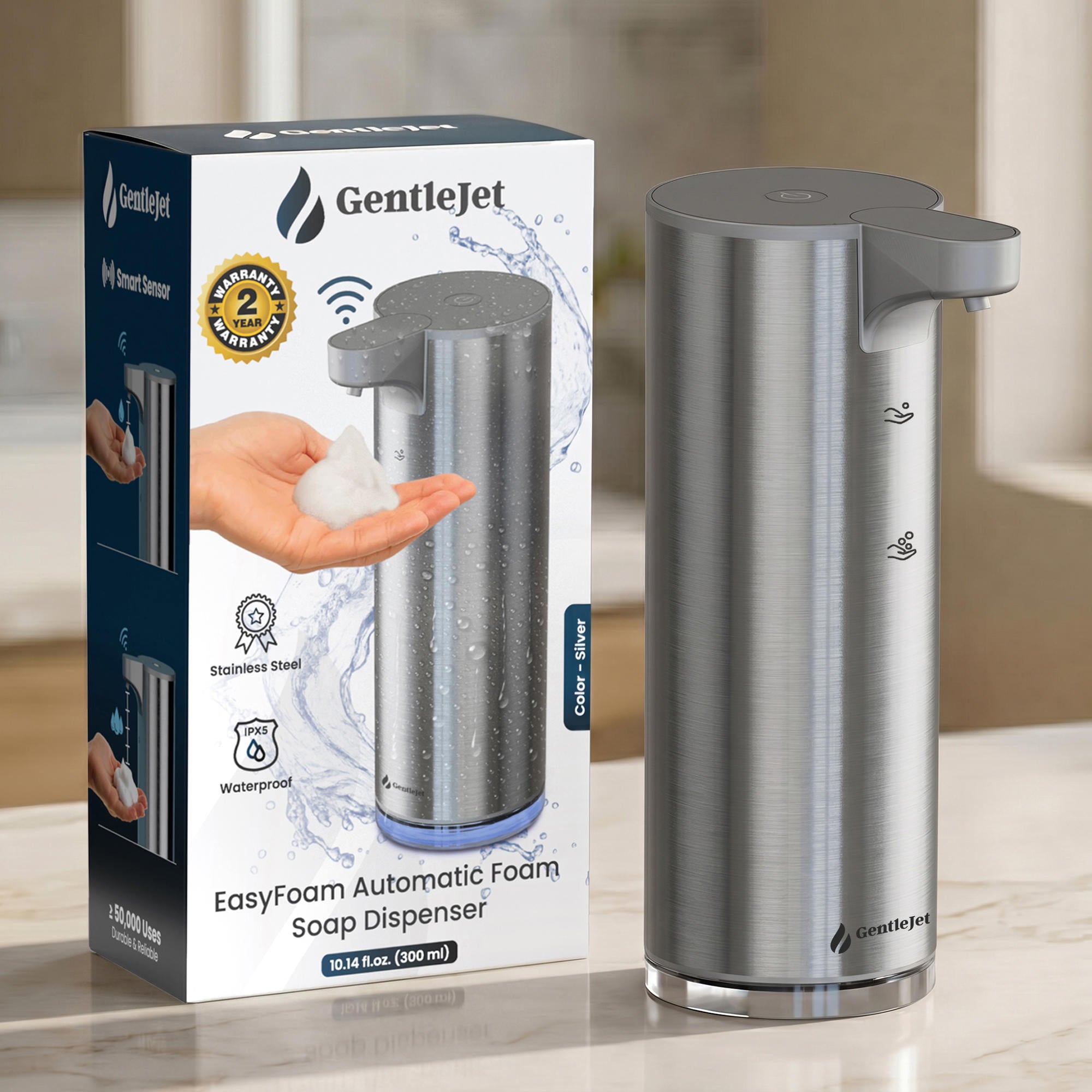 GentleJet EasyFoam Automatic Foaming Soap Dispenser – Touchless Sensor, USB-C Rechargeable, 304 Stainless Steel, IPX5 Waterproof for Bathroom Kitchen Sink, 9.5 oz / 280 ml
