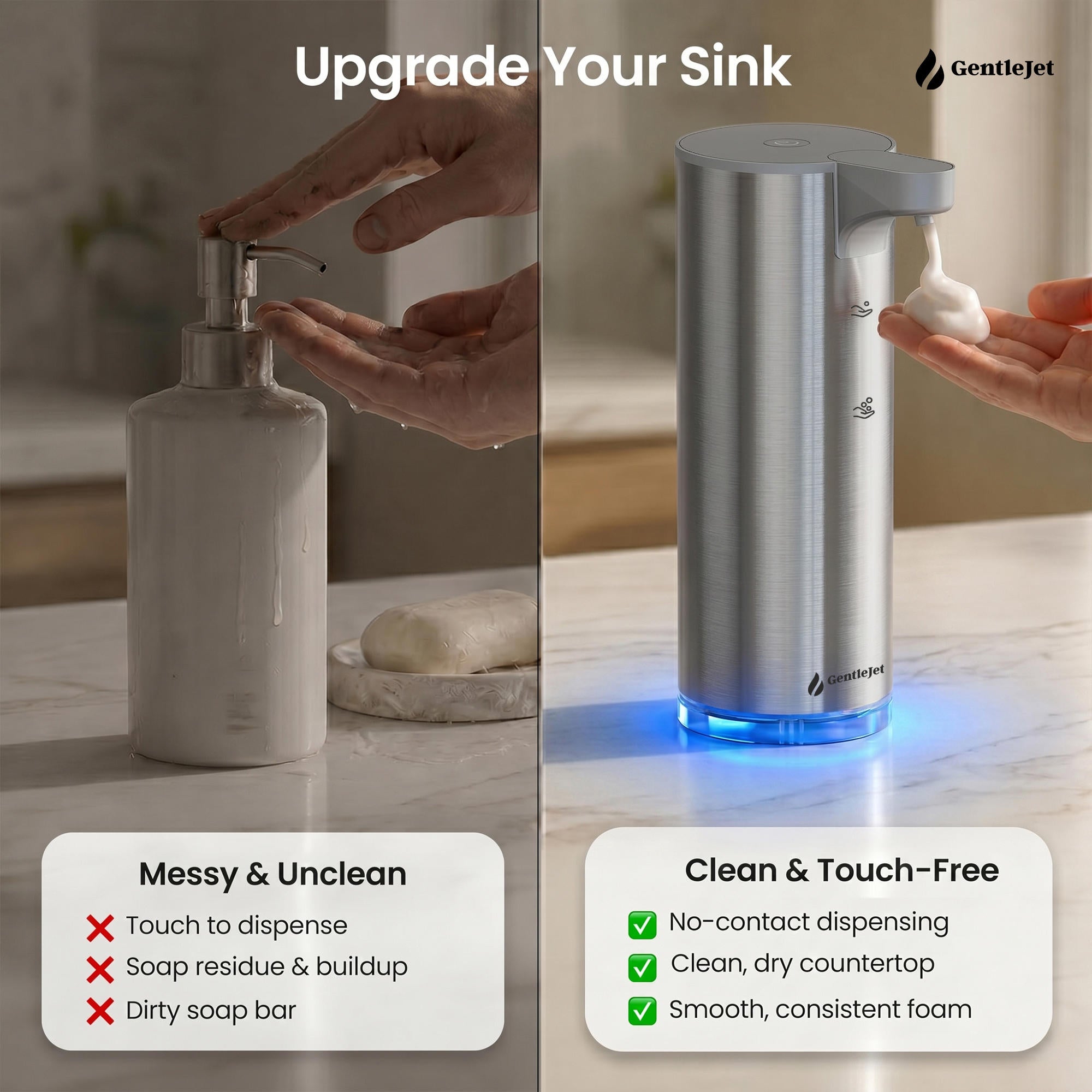 GentleJet EasyFoam Automatic Foaming Soap Dispenser – Touchless Sensor, USB-C Rechargeable, 304 Stainless Steel, IPX5 Waterproof for Bathroom Kitchen Sink, 9.5 oz / 280 ml