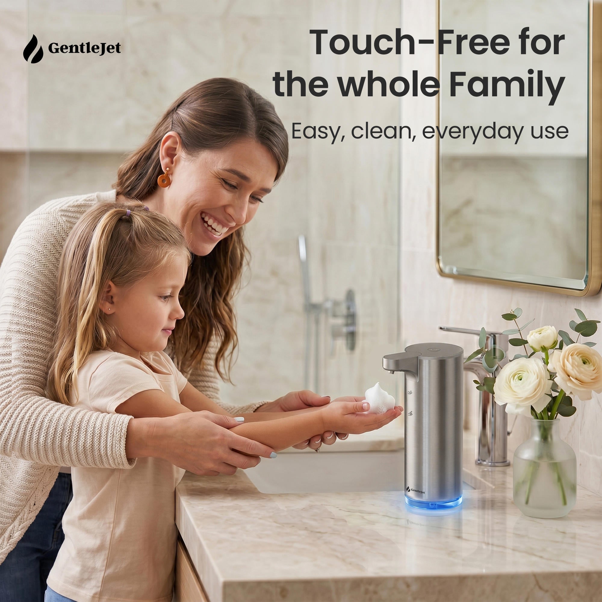 GentleJet EasyFoam Automatic Foaming Soap Dispenser – Touchless Sensor, USB-C Rechargeable, 304 Stainless Steel, IPX5 Waterproof for Bathroom Kitchen Sink, 9.5 oz / 280 ml