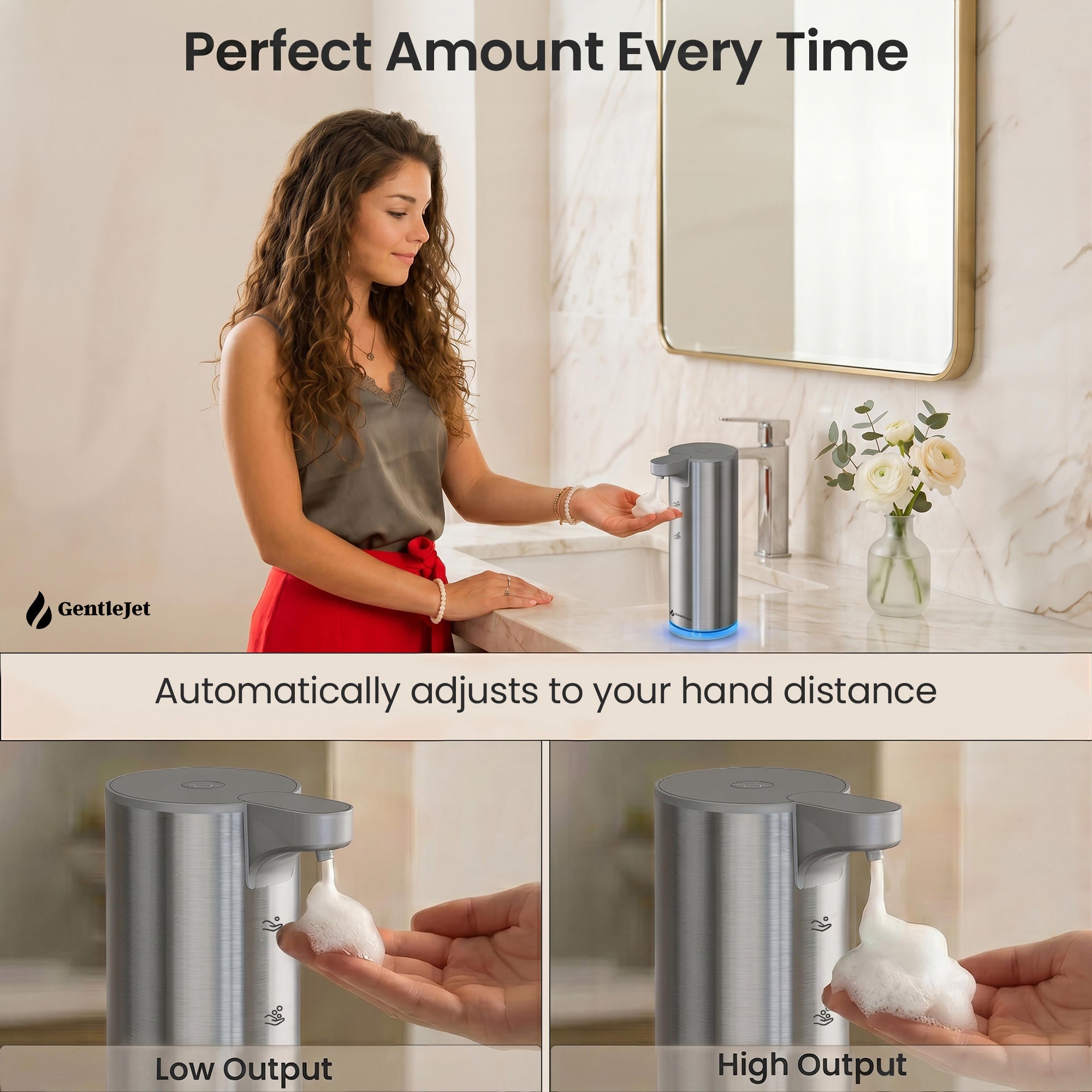 GentleJet EasyFoam Automatic Foaming Soap Dispenser – Touchless Sensor, USB-C Rechargeable, 304 Stainless Steel, IPX5 Waterproof for Bathroom Kitchen Sink, 9.5 oz / 280 ml