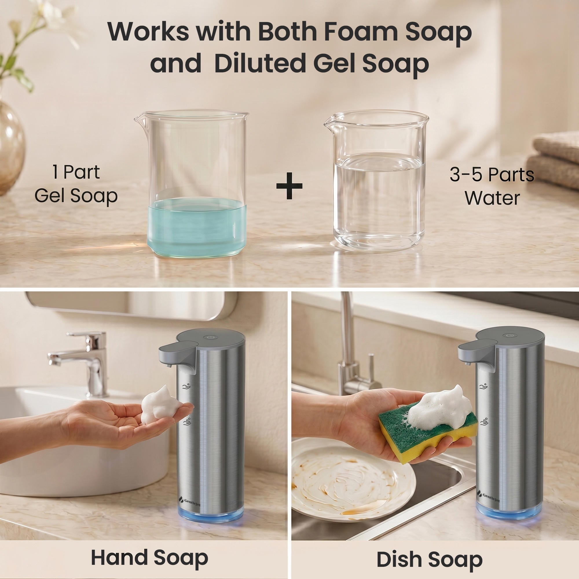 GentleJet EasyFoam Automatic Foaming Soap Dispenser – Touchless Sensor, USB-C Rechargeable, 304 Stainless Steel, IPX5 Waterproof for Bathroom Kitchen Sink, 9.5 oz / 280 ml